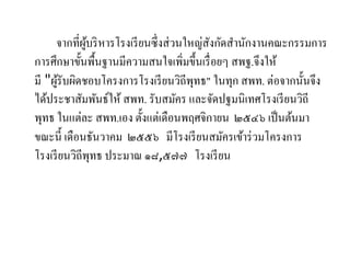 จากที่ผู้บริหารโรงเรียนซึ่งส่วนใหญ่สังกัดสานักงานคณะกรรมการ
การศึกษาขั้นพื้นฐานมีความสนใจเพิ่มขึ้นเรื่อยๆ สพฐ.จึงให้
มี "ผู้รับผิดชอบโครงการโรงเรียนวิถีพุทธ" ในทุก สพท. ต่อจากนั้นจึง
ได้ประชาสัมพันธ์ให้ สพท. รับสมัคร และจัดปฐมนิเทศโรงเรียนวิถี
พุทธ ในแต่ละ สพท.เอง ตั้งแต่เดือนพฤศจิกายน ๒๕๔๖ เป็นต้นมา
ขณะนี้ เดือนธันวาคม ๒๕๕๖ มีโรงเรียนสมัครเข้าร่วมโครงการ
โรงเรียนวิถีพุทธ ประมาณ ๑๘,๕๗๗ โรงเรียน
 
