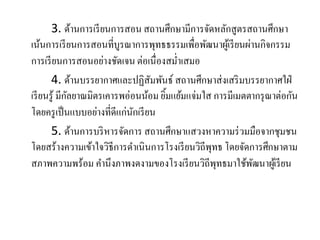 3. ด้านการเรียนการสอน สถานศึกษามีการจัดหลักสูตรสถานศึกษา
เน้นการเรียนการสอนที่บูรณาการพุทธธรรมเพื่อพัฒนาผู้เรียนผ่านกิจกรรม
การเรียนการสอนอย่างชัดเจน ต่อเนื่องสม่าเสมอ
4. ด้านบรรยากาศและปฏิสัมพันธ์ สถานศึกษาส่งเสริมบรรยากาศใฝ่
เรียนรู้ มีกัลยาณมิตรเคารพอ่อนน้อม ยิ้มแย้มแจ่มใส การมีเมตตากรุณาต่อกัน
โดยครูเป็นแบบอย่างที่ดีแก่นักเรียน
5. ด้านการบริหารจัดการ สถานศึกษาแสวงหาความร่วมมือจากชุมชน
โดยสร้างความเข้าใจวิธีการดาเนินการโรงเรียนวิถีพุทธ โดยจัดการศึกษาตาม
สภาพความพร้อม คานึงภาพงดงามของโรงเรียนวิถีพุทธมาใช้พัฒนาผู้เรียน
 
