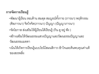 การจัดการเรียนรู้
-พัฒนำผู้เรียน รอบด้ำน สมดุล สมบูรณ์ทั้งกำย (ภำวนำ) พฤติกรรม
(ศิลภำวนำ) จิตใจจิต(ภำวนำ) ปัญญำ (ปัญญำภำวนำ)
-จัดโอกำส ส่งเสริมให้ผู้เรียนได้เรียนรู้ (กิน ดู อยู่ ฟัง )
-สร้ำงเสริมให้วัฒนธรรมแสวงปัญญำและวัฒนธรรมปัญญำและ
วัฒนธรรมเมตตำ
-เน้นให้เกิดกำรเรียนรู้แบบโยนิโสมนสิกำร เข้ำใจและค้นพบคุณค่ำแท้
ของสรรพสิ่ง
 