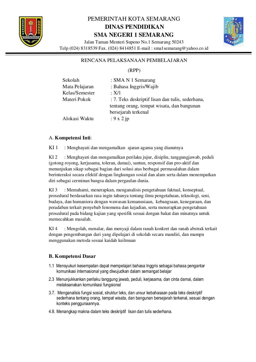 RPP BAHASA INGGRIS TEKS DESKRIPTIF KELAS X KURIKULUM 2013 RPP BAHASA INGGRIS TEKS DESKRIPTIF KELAS X KURIKULUM 2013