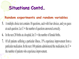 SSiittuuaattiioonnss CCoonnttdd.... 
Random experiments and random variables 
 
