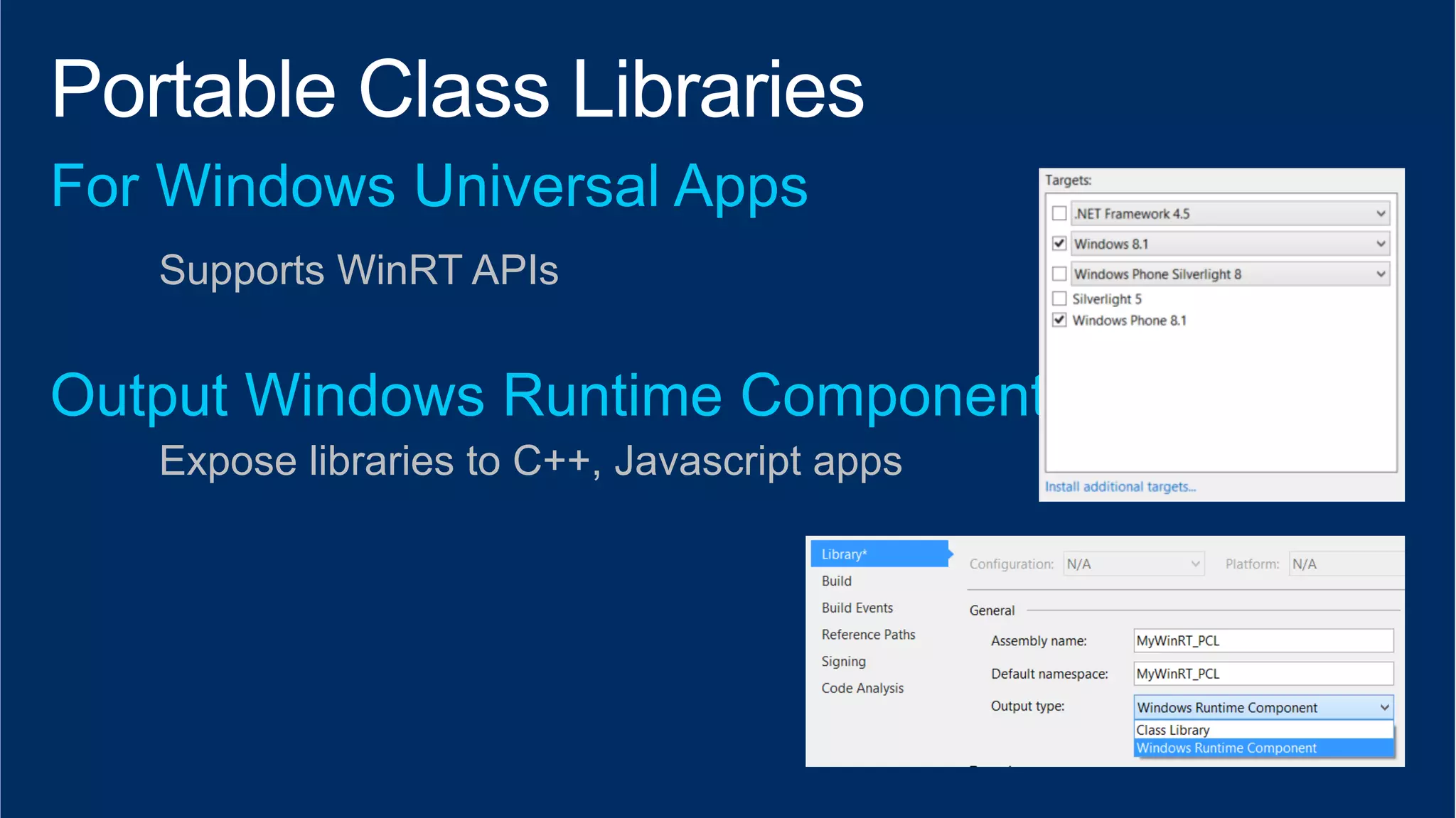 Supports WinRT APIs 
Expose libraries to C++, Javascript apps 
 