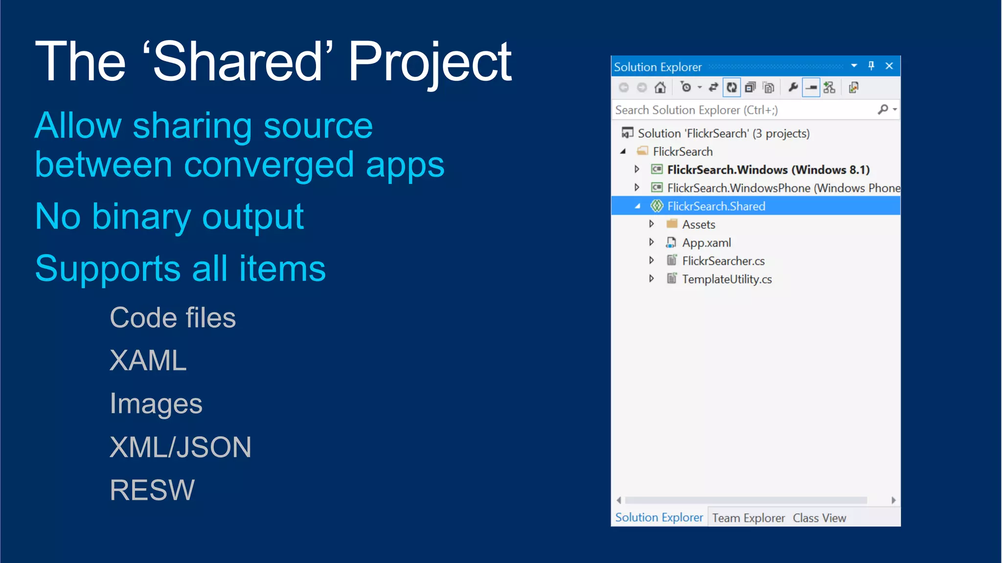 Code files 
XAML 
Images 
XML/JSON 
RESW 
 