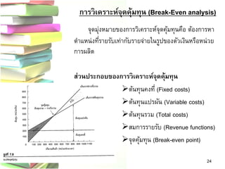 การวิเคราะห์จุดคุ้มทุน (Break-Even analysis) 
จุดมุ่งหมายของการวิเคราะห์จุดคุ้มทุนคือ ต้องการหา ตาแหน่งที่รายรับเท่ากับรายจ่ายในรูปของตัวเงินหรือหน่วย การผลิต 
ส่วนประกอบของการวิเคราะห์จุดคุ้มทุน 
ต้นทุนคงที่ (Fixed costs) 
ต้นทุนแปรผัน (Variable costs) 
ต้นทุนรวม (Total costs) 
สมการรายรับ (Revenue functions) 
จุดคุ้มทุน (Break-even point) 
24  