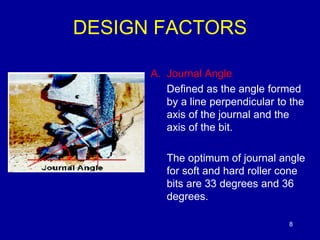 8 
DESIGN FACTORS 
A. Journal Angle 
Defined as the angle formed 
by a line perpendicular to the 
axis of the journal and the 
axis of the bit. 
The optimum of journal angle 
for soft and hard roller cone 
bits are 33 degrees and 36 
degrees. 
 