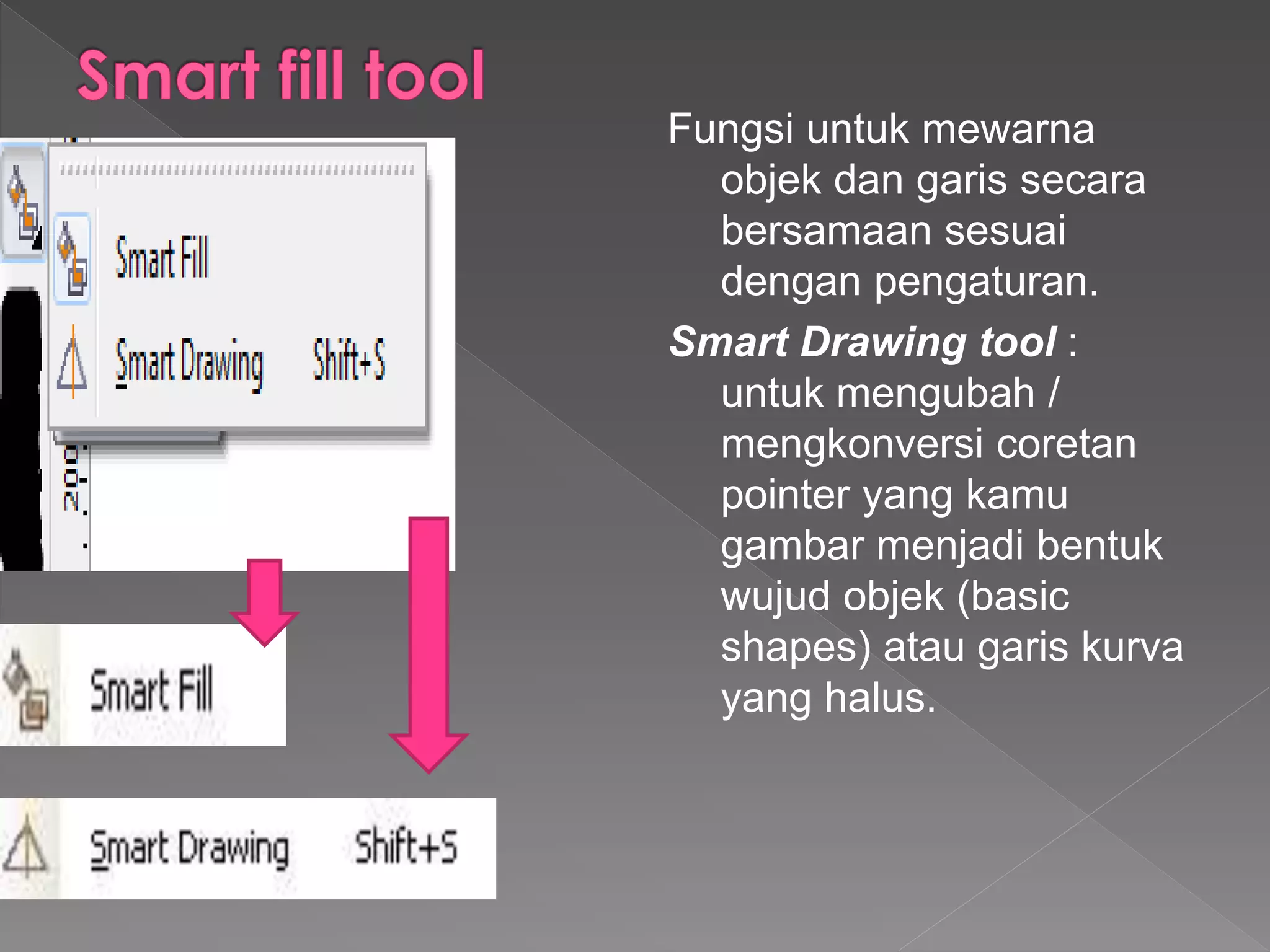 Fungsi untuk mewarna 
objek dan garis secara 
bersamaan sesuai 
dengan pengaturan. 
Smart Drawing tool : 
untuk mengubah / 
mengkonversi coretan 
pointer yang kamu 
gambar menjadi bentuk 
wujud objek (basic 
shapes) atau garis kurva 
yang halus. 
 