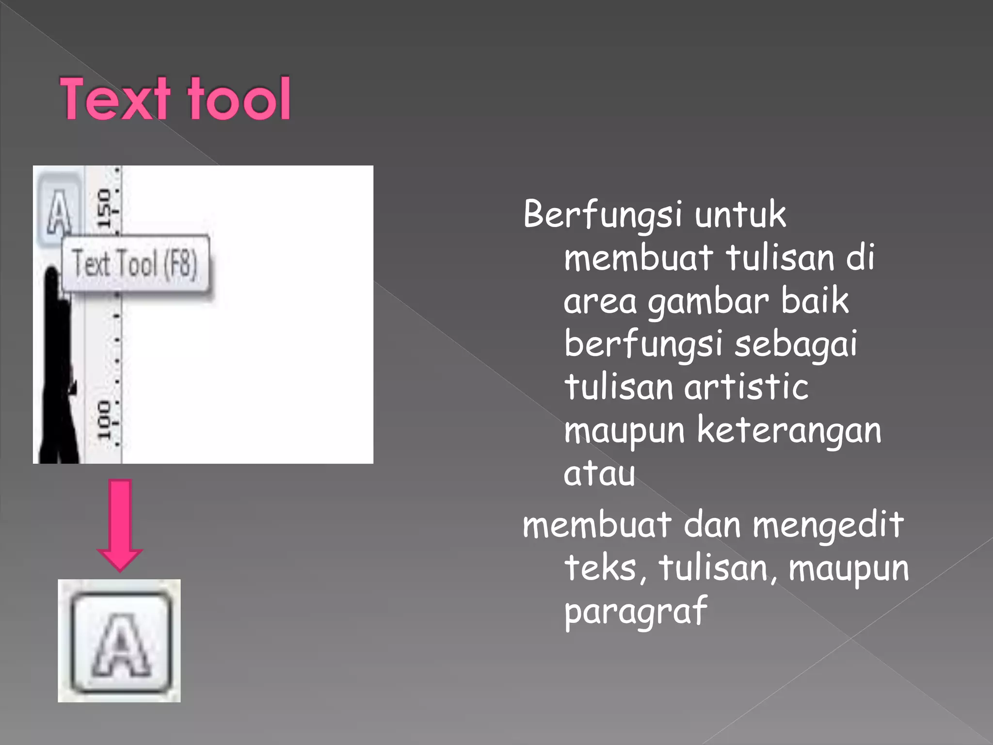 Berfungsi untuk 
membuat tulisan di 
area gambar baik 
berfungsi sebagai 
tulisan artistic 
maupun keterangan 
atau 
membuat dan mengedit 
teks, tulisan, maupun 
paragraf 
 