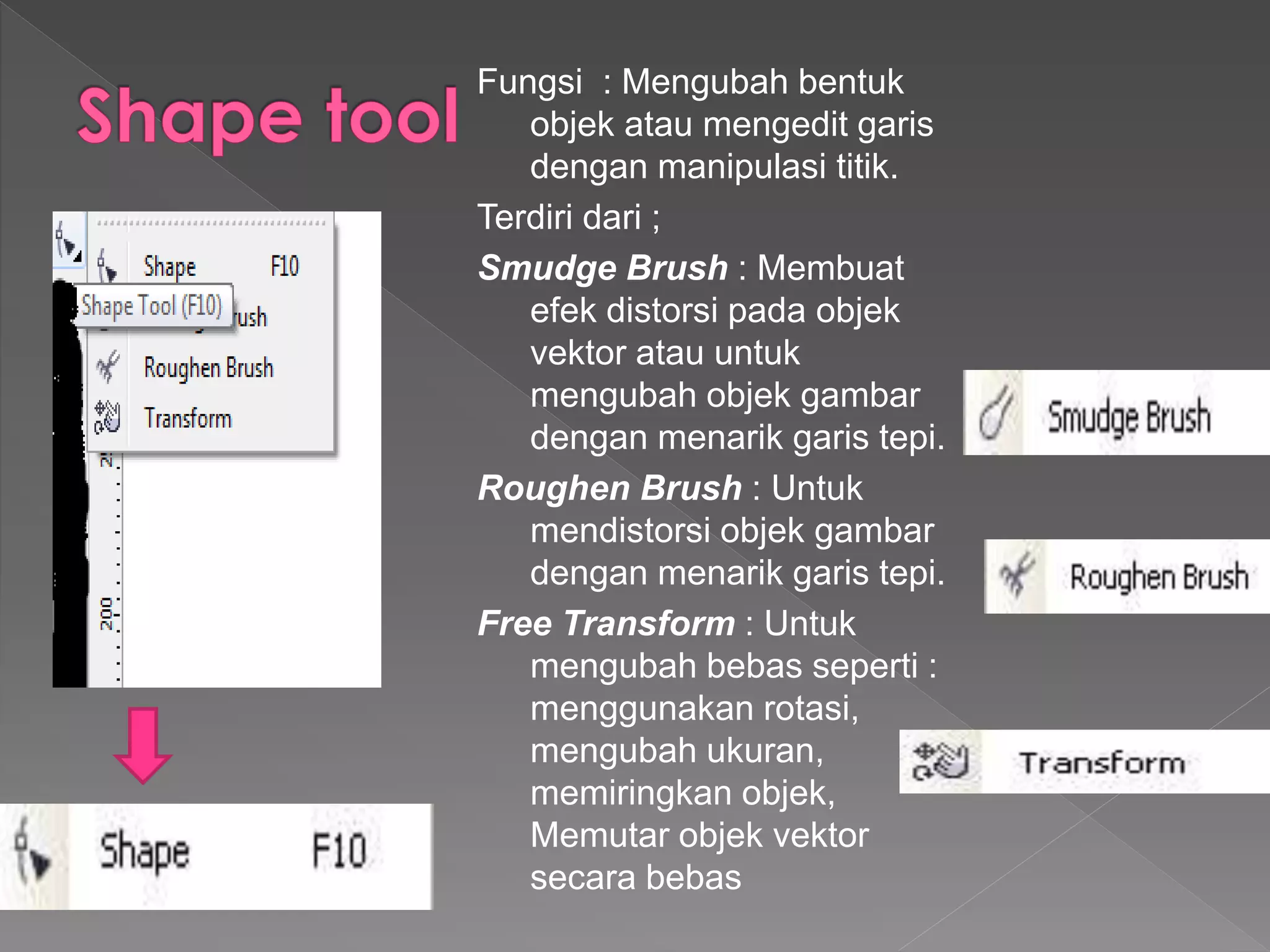 Fungsi : Mengubah bentuk 
objek atau mengedit garis 
dengan manipulasi titik. 
Terdiri dari ; 
Smudge Brush : Membuat 
efek distorsi pada objek 
vektor atau untuk 
mengubah objek gambar 
dengan menarik garis tepi. 
Roughen Brush : Untuk 
mendistorsi objek gambar 
dengan menarik garis tepi. 
Free Transform : Untuk 
mengubah bebas seperti : 
menggunakan rotasi, 
mengubah ukuran, 
memiringkan objek, 
Memutar objek vektor 
secara bebas 
 