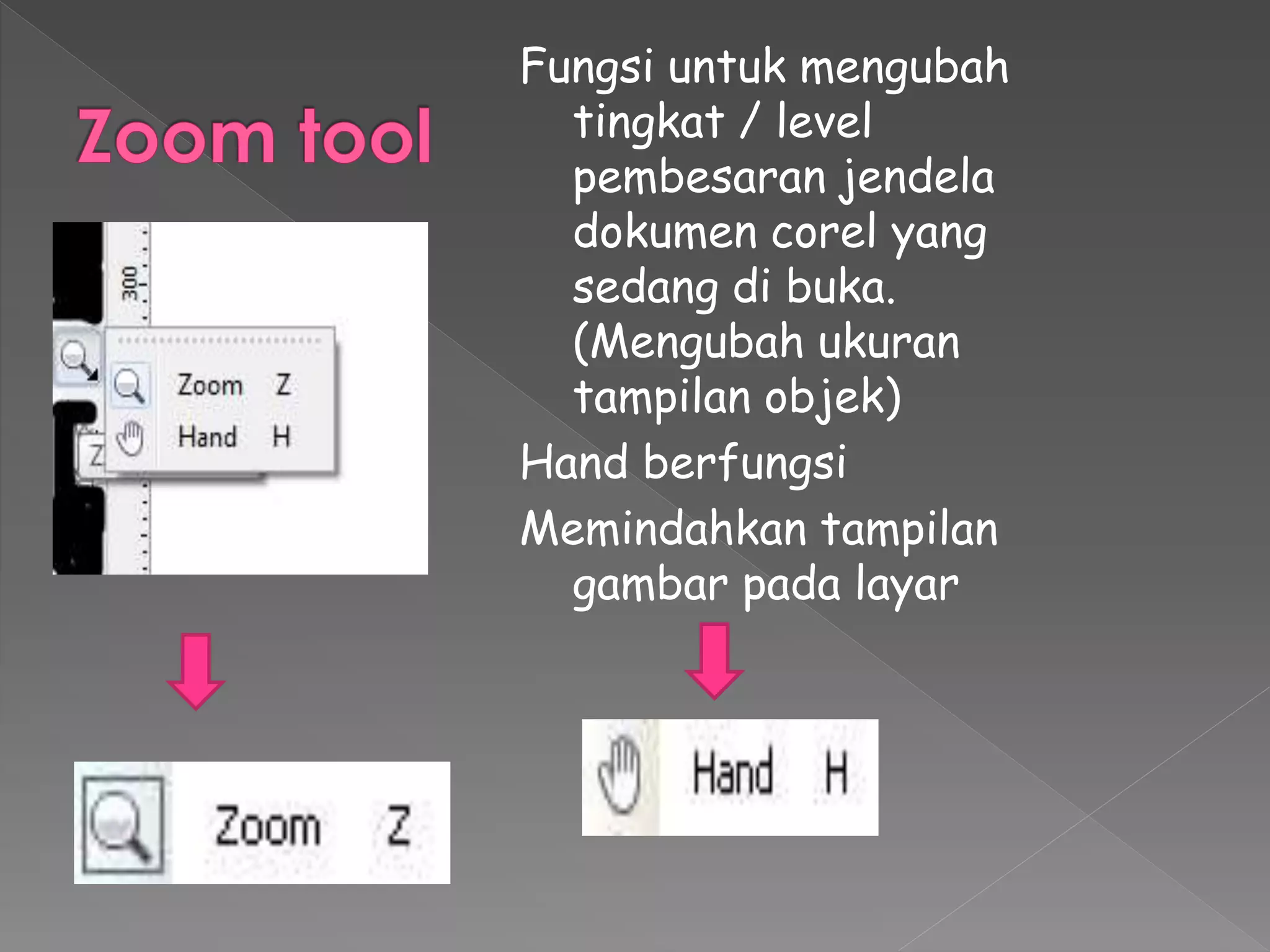 Fungsi untuk mengubah 
tingkat / level 
pembesaran jendela 
dokumen corel yang 
sedang di buka. 
(Mengubah ukuran 
tampilan objek) 
Hand berfungsi 
Memindahkan tampilan 
gambar pada layar 
 