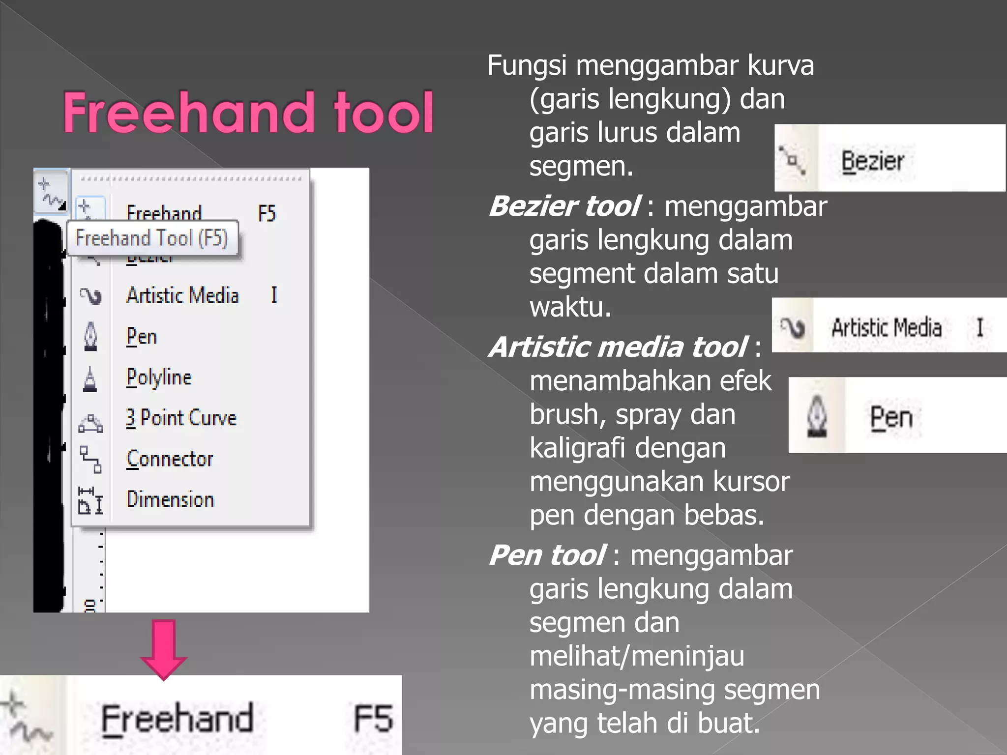 Fungsi menggambar kurva 
(garis lengkung) dan 
garis lurus dalam 
segmen. 
Bezier tool : menggambar 
garis lengkung dalam 
segment dalam satu 
waktu. 
Artistic media tool : 
menambahkan efek 
brush, spray dan 
kaligrafi dengan 
menggunakan kursor 
pen dengan bebas. 
Pen tool : menggambar 
garis lengkung dalam 
segmen dan 
melihat/meninjau 
masing-masing segmen 
yang telah di buat. 
 