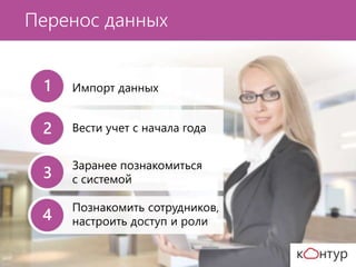 Импорт данных
Вести учет с начала года
Заранее познакомиться
с системой
Познакомить сотрудников,
настроить доступ и роли
Перенос данных
1
2
3
4
 