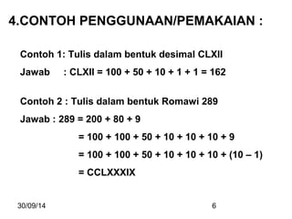 4.CONTOH PENGGUNAAN/PEMAKAIAN : 
Contoh 1: Tulis dalam bentuk desimal CLXII 
Jawab : CLXII = 100 + 50 + 10 + 1 + 1 = 162 
Contoh 2 : Tulis dalam bentuk Romawi 289 
Jawab : 289 = 200 + 80 + 9 
= 100 + 100 + 50 + 10 + 10 + 10 + 9 
= 100 + 100 + 50 + 10 + 10 + 10 + (10 – 1) 
= CCLXXXIX 
30/09/14 6 
 