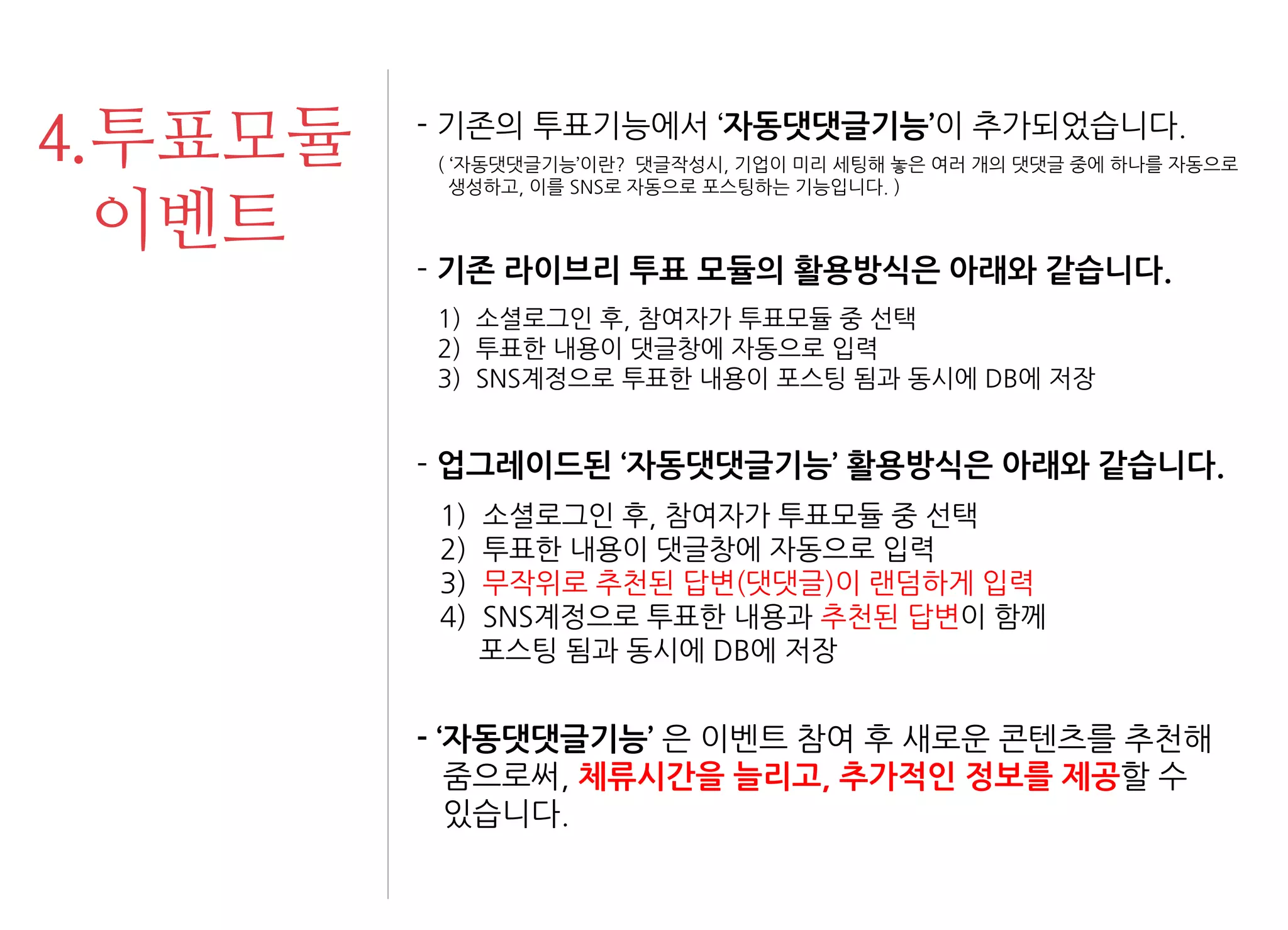 투표모듈 이벤트 
4. 
- 기존의 투표기능에서 ‘자동댓댓글기능’이 추가되었습니다. ( ‘자동댓댓글기능’이란? 댓글작성시, 기업이 미리 세팅해 놓은 여러 개의 댓댓글 중에 하나를 자동으로 생성하고, 이를 SNS로 자동으로 포스팅하는 기능입니다. ) 
- 기존 라이브리 투표 모듈의 활용방식은 아래와 같습니다. 1) 소셜로그인 후, 참여자가 투표모듈 중 선택 2) 투표한 내용이 댓글창에 자동으로 입력 3) SNS계정으로 투표한 내용이 포스팅 됨과 동시에 DB에 저장 
- 업그레이드된 ‘자동댓댓글기능’ 활용방식은 아래와 같습니다. 1) 소셜로그인 후, 참여자가 투표모듈 중 선택 2) 투표한 내용이 댓글창에 자동으로 입력 3) 무작위로 추천된 답변(댓댓글)이 랜덤하게 입력 4) SNS계정으로 투표한 내용과 추천된 답변이 함께 포스팅 됨과 동시에 DB에 저장 - ‘자동댓댓글기능’ 은 이벤트 참여 후 새로운 콘텐츠를 추천해 줌으로써, 체류시간을 늘리고, 추가적인 정보를 제공할 수 있습니다.  