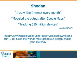 Shodan 
“I crawl the Internet every month” 
“Modeled the output after Google Maps” 
“Tracking 550 million devices” 
John Matherly 
http://www.irongeek.com/i.php?page=videos/showmecon2 
014/1-10-inside-the-worlds-most-dangerous-search-engine-john- 
matherly 
 