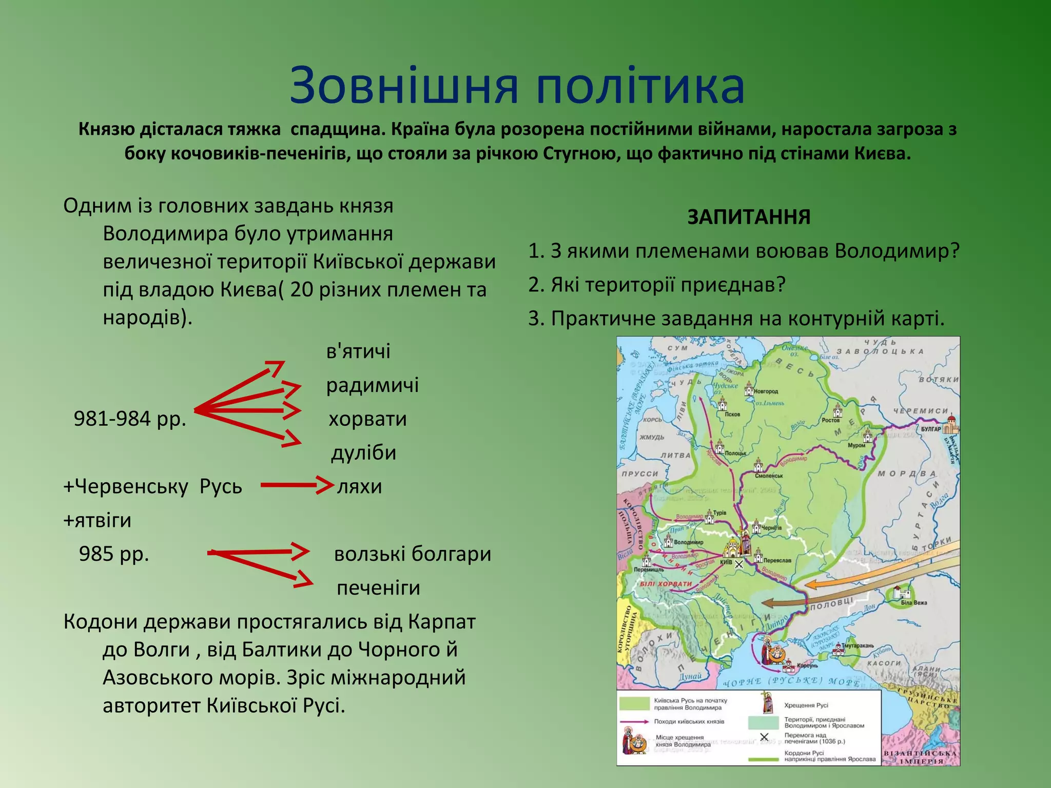 Зовнішня політика 
Князю дісталася тяжка спадщина. Країна була розорена постійними війнами, наростала загроза з 
боку кочовиків-печенігів, що стояли за річкою Стугною, що фактично під стінами Києва. 
Одним із головних завдань князя 
Володимира було утримання 
величезної території Київської держави 
під владою Києва( 20 різних племен та 
народів). 
в'ятичі 
радимичі 
981-984 рр. хорвати 
дуліби 
+Червенську Русь ляхи 
+ятвіги 
985 рр. волзькі болгари 
печеніги 
Кодони держави простягались від Карпат 
до Волги , від Балтики до Чорного й 
Азовського морів. Зріс міжнародний 
авторитет Київської Русі. 
ЗАПИТАННЯ 
1. З якими племенами воював Володимир? 
2. Які території приєднав? 
3. Практичне завдання на контурній карті. 
 