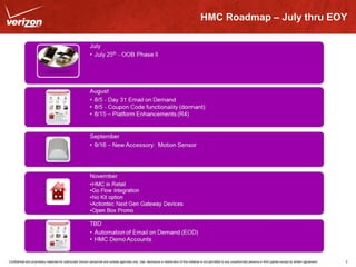 HMC Roadmap – July thru EOY 
Confidential and proprietary materials for authorized Verizon personnel and outside agencies only. Use, disclosure or distribution of this material is not permitted to any unauthorized persons or third parties except by written agreement. 2 
 
