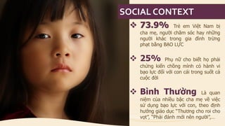73.9%TrẻemViệtNambịchamẹ,ngườichămsóchaynhữngngườikháctronggiađìnhtrừngphạtbằngBẠOLỰC 
25%Phụnữchobiếthọphảichứngkiếnchồngmìnhcóhànhvibạolựcđốivớiconcáitrongsuốtcảcuộcđời 
BìnhThườngLàquanniệmcủanhiềubậcchamẹvềviệcsửdụngbạolựcvớicon,theođịnhhướnggiáodục“Thươngchoroichovọt”,“Phảiđánhmớinênngười”,… 
SOCIAL CONTEXT  