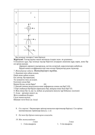 3 у 
х 
4 у 
х 
5 у 
х 
6 у 
х 
Бұл кезеңде топтарға 3 мин беріледі. 
Жүргізуші: Топтар жұмыс жасап жатқанда сіздерге әсем ән ұсынамыз. 
6.Анықтама құру. Бұл кезеңде оқулар берілген сөздерден анықтама құру керек, және бір 
сөз артық қалады. 
Дәрежені дәрежеге шығарғанда, негізін өзгертпей, көрсеткіштерін көбейтеді. 
Бірдей немесе коэффициенттері ғана өзгеше бірмүшелер ұқсас мүшелер. 
7. Жанкүйерлер сайысы. Жанкүйерлерге жұмбақ. 
1. Дүкеннен мен сабын алдым, 
Оның және қабын алдым, 
Екі дәптер, бір карындаш, 
Тіс ысқышты тағы да алдым. 
Есептеші сонда бәрі 
Қанша болды, қолда бары? (6) 
2. Қандай санның жазылуында және цифырында сонша сан бар? (10) 
3.Төрт ағайында бір-бірден қарындасы бар, жанұяда неше бала бар? (5) 
4. Жоқ өзінде бас та, қас та, мойын да ұзындығы жазулы тұр бойында. (сызғыш) 
5. Алды – артымыз шексіз де, 
Жете алмайсың біздерге 
Сәуле менен кесінді, 
Шыққан тегін білсе де. (түзу) 
8. Сөз мергені. Оқушыларға әріптер жазылған карточкалар беріледі. Сол әріпке 
математикалық терминдер жазу.(с, т, п) 
9. Екі топ бір-бірімен тапсырма алмасады. 
10. Мен жанылмаймын. 
1-топ 2-топ 
1. 2-нің квадраты 1. 3-тің квадраты 
 