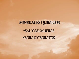 MINERALES QUIMICOS 
•SAL Y SALMUERAS 
•BORAX Y BORATOS 
 