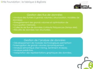 Bittle Foundation : la fabrique à BigData 
Gestion des flux de données 
• Analyse des fichiers à grands volumes ( structuration, modèles de 
données). 
• Enregistrement des grands volumes et optimisation de 
l’occupation mémoire. 
• Collecte de flux de données à «Haute Fréquence» (temps réel). 
• Récolte de données non structurées. 
Gestion de l’analyse de données 
• Développement de modules technologiques permettant 
l’interrogation de grands volumes dynamiquement. 
• Analyse sémantique (Text mining, Sentiment Analysis). 
• Analyse prédictive. 
• Adaptation des représentations graphiques des données. 
 