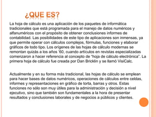 La hoja de cálculo es una aplicación de los paquetes de informática 
tradicionales que está programada para el manejo de d...