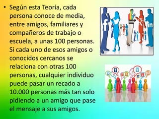 • Según esta Teoría, cada 
persona conoce de media, 
entre amigos, familiares y 
compañeros de trabajo o 
escuela, a unas 100 personas. 
Si cada uno de esos amigos o 
conocidos cercanos se 
relaciona con otras 100 
personas, cualquier individuo 
puede pasar un recado a 
10.000 personas más tan solo 
pidiendo a un amigo que pase 
el mensaje a sus amigos. 
 