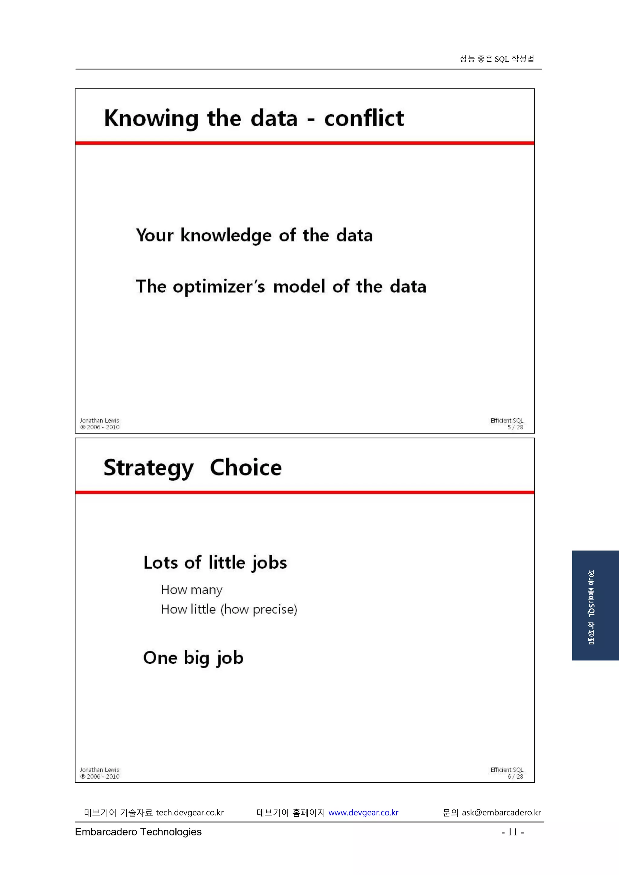 Embarcadero Technologies - 11 - 
데브기어 기술자료 tech.devgear.co.kr 데브기어 홈페이지 www.devgear.co.kr 문의 ask@embarcadero.kr 
성능 좋은 SQL 작성법 
성 
능 
좋 
은 SQL 
작 
성 
법 
 