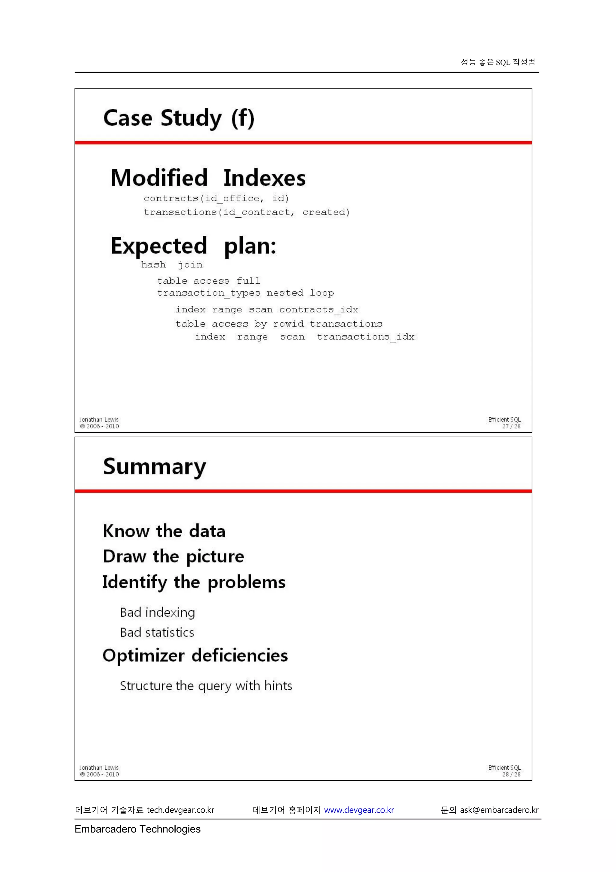Embarcadero Technologies 
데브기어 기술자료 tech.devgear.co.kr 데브기어 홈페이지 www.devgear.co.kr 문의 ask@embarcadero.kr 
성능 좋은 SQL 작성법 
