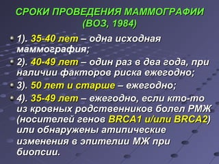 ССРРООККИИ ППРРООВВЕЕДДЕЕННИИЯЯ ММААММММООГГРРААФФИИИИ 
((ВВООЗЗ,, 11998844)) 
11)).. 3355--4400 ллеетт –– ооддннаа ииссххооддннааяя 
маммография;; 
22)).. 4400--4499 ллеетт –– ооддиинн рраазз вв ддвваа ггооддаа,, ппррии 
ннааллииччииии ффааккттоорроовв ррииссккаа еежжееггоодднноо;; 
33)).. 5500 ллеетт ии ссттаарршшее –– еежжееггоодднноо;; 
44)).. 3355--4499 ллеетт –– еежжееггоодднноо,, еессллии ккттоо--ттоо 
иизз ккррооввнныыхх ррооддссттввееннннииккоовв ббооллеелл РРММЖЖ 
((ннооссииттееллеейй ггеенноовв ВВRRССАА11 ии//ииллии ВВRRССАА22)) 
ииллии ооббннаарруужжеенныы ааттииппииччеессккииее 
ииззммееннеенниияя вв ээппииттееллииии ММЖЖ ппррии 
ббииооппссииии.. 
 
