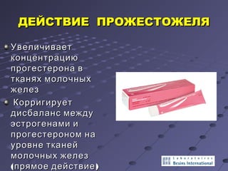 ДДЕЕЙЙССТТВВИИЕЕ ППРРООЖЖЕЕССТТООЖЖЕЕЛЛЯЯ 
УУввееллииччииввааеетт 
ккооннццееннттррааццииюю 
ппррооггеессттееррооннаа вв 
ттккаанняяхх ммооллооччнныыхх 
жжееллеезз 
ККооррррииггииррууеетт 
ддииссббааллааннсс ммеежжддуу 
ээссттррооггееннааммии ии 
ппррооггеессттеерроонноомм ннаа 
ууррооввннее ттккааннеейй 
ммооллооччнныыхх жжееллеезз 
((ппрряяммооее ддееййссттввииее)) 
 