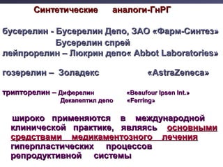 ССииннттееттииччеессккииее ааннааллооггии--ГГннРРГГ 
ббууссееррееллиинн -- ББууссееррееллиинн ДДееппоо,, ЗЗААОО «ФФааррмм--ССииннттеезз» 
ББууссееррееллиинн ссппрреейй 
ллееййппррооррееллиинн –– ЛЛююккрриинн ддееппоо« AAbbbboott LLaabboorraattoorriieess» 
ггооззееррееллиинн –– ЗЗооллааддеекксс «AAssttrraaZZeenneeccaa» 
ттррииппттооррееллиинн –– ДДииффееррееллиинн «BBeeaauuffoouurr IIppsseenn IInntt..» 
ДДееккааппееппттиилл ддееппоо «FFeerrrriinngg» 
шшииррооккоо ппррииммеенняяююттссяя вв ммеежжддууннаарроодднноойй 
ккллииннииччеессккоойй ппррааккттииккее,, яяввлляяяяссьь ооссннооввнныыммии 
ссррееддссттввааммии ммееддииккааммееннттооззннооггоо ллееччеенниияя 
ггииппееррппллаассттииччеессккиихх ппррооццеессссоовв 
ррееппррооддууккттииввнноойй ссииссттееммыы 
 
