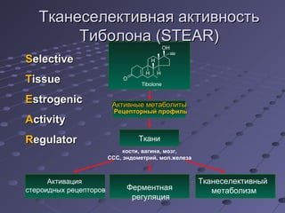 ТТккааннеессееллееккттииввннааяя ааккттииввннооссттьь 
ТТииббооллооннаа ((SSTTEEAARR)) 
ААккттииввнныыее ммееттааббооллииттыы 
РРееццееппттооррнныыйй ппррооффиилльь 
Ткани 
Ферментная 
регуляция 
Активация 
стероидных рецепторов 
Тканеселективный 
метаболизм 
кости, вагина, мозг, 
ССС, эндометрий, мол.железа 
SSeelleeccttiivvee 
TTiissssuuee 
EEssttrrooggeenniicc 
AAccttiivviittyy 
RReegguullaattoorr 
 
