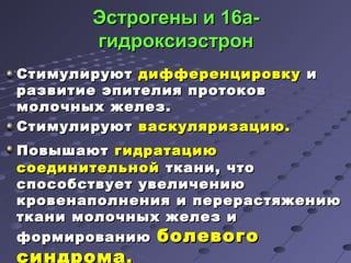ЭЭссттррооггеенныы ии 1166aa-- 
ггииддррооккссииээссттрроонн 
ССттииммууллииррууюютт ддииффффееррееннццииррооввккуу ии 
ррааззввииттииее ээппииттееллиияя ппррооттооккоовв 
ммооллооччнныыхх жжееллеезз.. 
ССттииммууллииррууюютт вваассккуулляяррииззааццииюю.. 
ППооввыышшааюютт ггииддррааттааццииюю 
ссооееддииннииттееллььнноойй ттккааннии,, ччттоо 
ссппооссооббссттввууеетт ууввееллииччееннииюю 
ккррооввееннааппооллннеенниияя ии ппеерреерраассттяяжжееннииюю 
ттккааннии ммооллооччнныыхх жжееллеезз ии 
ффооррммииррооввааннииюю ббооллееввооггоо 
ссииннддррооммаа.. 
 