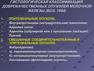 ГИСТОЛОГИЧЕСКАЯ ККЛЛААССССИИФФИИККААЦЦИИЯЯ 
ДДООББРРООККААЧЧЕЕССТТВВЕЕННННЫЫХХ ООППУУХХООЛЛЕЕЙЙ ММООЛЛООЧЧННООЙЙ 
ЖЖЕЕЛЛЕЕЗЗЫЫ ((ВВООЗЗ,, 11998844)) 
11.. ЭЭППИИТТЕЕЛЛИИААЛЛЬЬННЫЫЕЕ ООППУУХХООЛЛИИ.. 
ВВннууттррииппррооттооккооввааяя ((ииннттррааддууккттааллььннааяя)) ппааппииллллооммаа;; 
ААддееннооммаа ссооссккаа;; 
ААддееннооммаа ((ттууббуулляяррннааяя ииллии сс ппррииззннааккааммии ллааккттааццииии));; 
ППррооччииее.. 
22.. ССММЕЕШШААННННЫЫЕЕ ССООЕЕДДИИННИИТТЕЕЛЛЬЬННООТТККААННННЫЫЕЕ ИИ 
ЭЭППИИТТЕЕЛЛИИААЛЛЬЬННЫЫЕЕ ООППУУХХООЛЛИИ.. 
ФФииббррооааддееннооммаа:: 
аа)).. ппееррииккааннааллииккуулляяррннааяя ((ооккооллооппррооттооккооввааяя));; 
бб)).. ииннттррааккааннааллииккуулляяррннааяя ((ввннууттррииппррооттооккооввааяя)).. 
ЛЛииссттооввииддннааяя ((ффииллллооииддннааяя)) ооппууххоолльь.. 
 