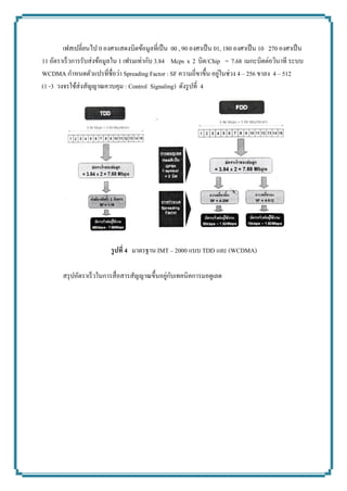 เฟสเปลี่ยนไป 0 องศาแสดงบิตข้อมูลที่เป็น 00 , 90 องศาเป็น 01, 180 องศาเป็น 10 270 องศาเป็น 11 อัตราเร็วการรับส่งข้อมูลใน 1 เฟรมเท่ากับ 3.84 Mcps x 2 บิต/Chip = 7.68 เมกะบิตต่อวินาที ระบบ WCDMA กาหนดตัวแปรที่ชื่อว่า Spreading Factor : SF ความถี่ขาขึ้น อยู่ในช่วง 4 – 256 ขาลง 4 – 512 (1 -3 วงจรใช้ส่งสัญญาณควบคุม : Control Signaling) ดังรูปที่ 4 
รูปที่ 4 มาตรฐาน IMT – 2000 แบบ TDD และ (WCDMA) 
สรุปอัตราเร็วในการสื่อสารสัญญาณขึ้นอยู่กับเทคนิคการมอดูเลต 
 