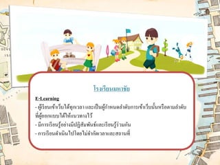 โรงเรียนมหาชัย 
E-Learning 
-ผู้เรียนเข้าเว็บได้ทุกเวลา และเป็นผู้กำหนดลำดับการเข้าเว็บนั้นหรือตามลำดับ ที่ผู้ออกแบบได้ให้แนวทางไว้ 
-มีการเรียนรู้อย่างมีปฏิสัมพันธ์และเรียนรู้ร่วมกัน 
-การเรียนดำเนินไปโดยไม่จำกัดเวลาและสถานที่  