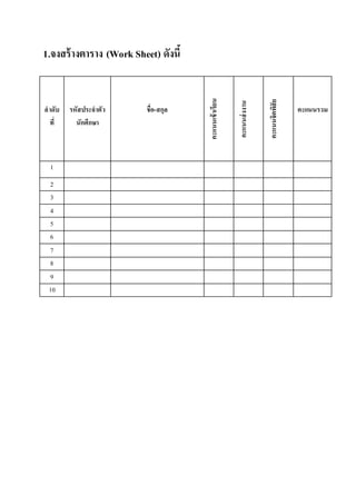 1.จงสร้างตาราง (Work Sheet) ดังนี้ 
ลาดับ 
ที่ 
รหัสประจาตัว 
นักศึกษา 
ชื่อ-สกุล 
คะแนนเข้าเรียน 
คะแนนส่งงาน 
คะแนนจิตพิสัย 
คะแนนรวม 
1 
2 
3 
4 
5 
6 
7 
8 
9 
10 
 