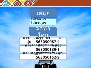 เสนอ 
อ.ดร.อนุชา 
โสมาบุตร 
จัดทำา 
โดย 
นางสาวณัฐฐาพร บา 
อุ้ย 563050087-4 
นางสาวศศิธร แซ่จิว 
563050139-1 
นายเสฏฐวุฒิ เรืองบุญ 
563050152-9 
