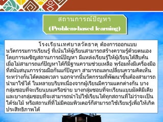 สถานการณ์ปัญหา 
สถานการณ์ปัญหา 
(Problem-based learning) 
(Problem-based learning) 
โรงเรียนเทศบาลวัดธาตุ ต้องการออกแบบ 
นวัตกรรมการเรียนรู้ ที่เน้นให้ผู้เรียนสามารถสร้างความรู้ด้วยตนเอง 
โดยการเผชิญสถานการณป์ัญหา มีแหล่งเรียนรู้ให้ผู้เรียนได้สืบค้น 
เมื่อไม่สามารถแก้ปัญหาได้ก็มีฐานความช่วยเหลือ พร้อมทั้งมีเครื่องมือ 
ที่สนับสนุนการรว่มมือกันแก้ปัญหา สามารถแลกเปลี่ยนความคิดเห็น 
ระหว่างกันได้ตลอดเวลา นอกจากนี้นวัตกรรมที่พัฒนาขึ้นต้องสามารถ 
นำามาใช้ได้ ในหลายบริบทเนื่องจากผู้เรียนมีความแตกต่างกัน บาง 
กลุ่มชอบที่จะเรียนบนเครือข่าย บางกลุ่มชอบที่จะเรียนแบบมัลติมีเดีย 
และบางกลุ่มชอบที่จะสามารถนำาไปใช้เรียนได้ทุกสถานที่ไม่ว่าจะเป็น 
ใต้ร่มไม้ หรือสถานที่ที่ไม่มีคอมพิวเตอร์ก็สามารถใช้เรียนรู้เพื่อให้เกิด 
ประสิทธิภาพได้ 
 