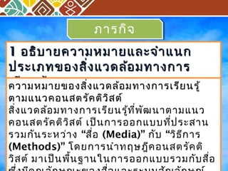 ภภาารกกิจิจ 
11 อธธิิบบาายคววาามหมมาายแแลละะจจำาำาแแนนก 
ปรระะเเภภทของสงิ่แแววดลล้้อมททาางกกาาร 
เคคเรรววีียยาามนหรมมูู้้าายของสงิ่แแววดลล้อ้อมททาางกกาารเเรรีียนรรูู้้ 
ตตาามแแนนวคอนสตรรัคัคตติวิสิสตต์์ 
สิ่งแวดล้อมทางการเรียนรู้ที่พัฒนาตามแนว 
คอนสตรัคติวิสต์ เป็นการออกแบบที่ประสาน 
รวมกันระหว่าง “สื่อ (Media)” กับ “วิธีการ 
(Methods)” โดยการนำาทฤษฎีคอนสตรัคติ 
วิสต์ มาเป็นพื้นฐานในการออกแบบรวมกับสอื่ 
ซึ่งมีคุณลักษณะของสื่อและระบบสัญลักษณ์ 
 