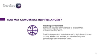 25 
HOW MAY COWORKINGS HELP FREELANCERS? 
Creating environment 
to make it possible for freelancers to awaken their 
entre...