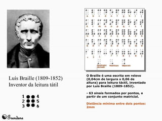 Luís Braille (1809-1852) 
Inventor da leitura tátil 
Grendene 
O Braille é uma escrita em relevo 
(0,04cm de largura x 0,06 de 
altura) para leitura táctil, inventado 
por Luís Braille (1809-1852). 
- 63 sinais formados por pontos, a 
partir de um conjunto matricial. 
Distância mínima entre dois pontos: 
2mm 
 