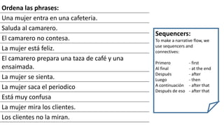 Ordena las phrases:
Una mujer entra en una cafeteria.
Saluda al camarero.
El camarero no contesa.
La mujer está feliz.
El camarero prepara una taza de café y una
ensaimada.
La mujer se sienta.
La mujer saca el periodico
Está muy confusa
La mujer mira los clientes.
Los clientes no la miran.
Sequencers:
To make a narrative flow, we
use sequencers and
connectives:
Primero - first
Al final - at the end
Después - after
Luego - then
A continuación - after that
Después de eso - after that
 