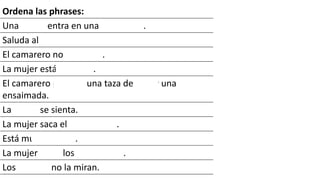Ordena las phrases:
Una mujer entra en una cafeteria .
Saluda al camarero.
El camarero no contesta .
La mujer está feliz .
El camarero prepara una taza de café y una
ensaimada.
La mujer se sienta.
La mujer saca el periodico .
Está muy confusa .
La mujer mira los clientes .
Los clientes no la miran.
 