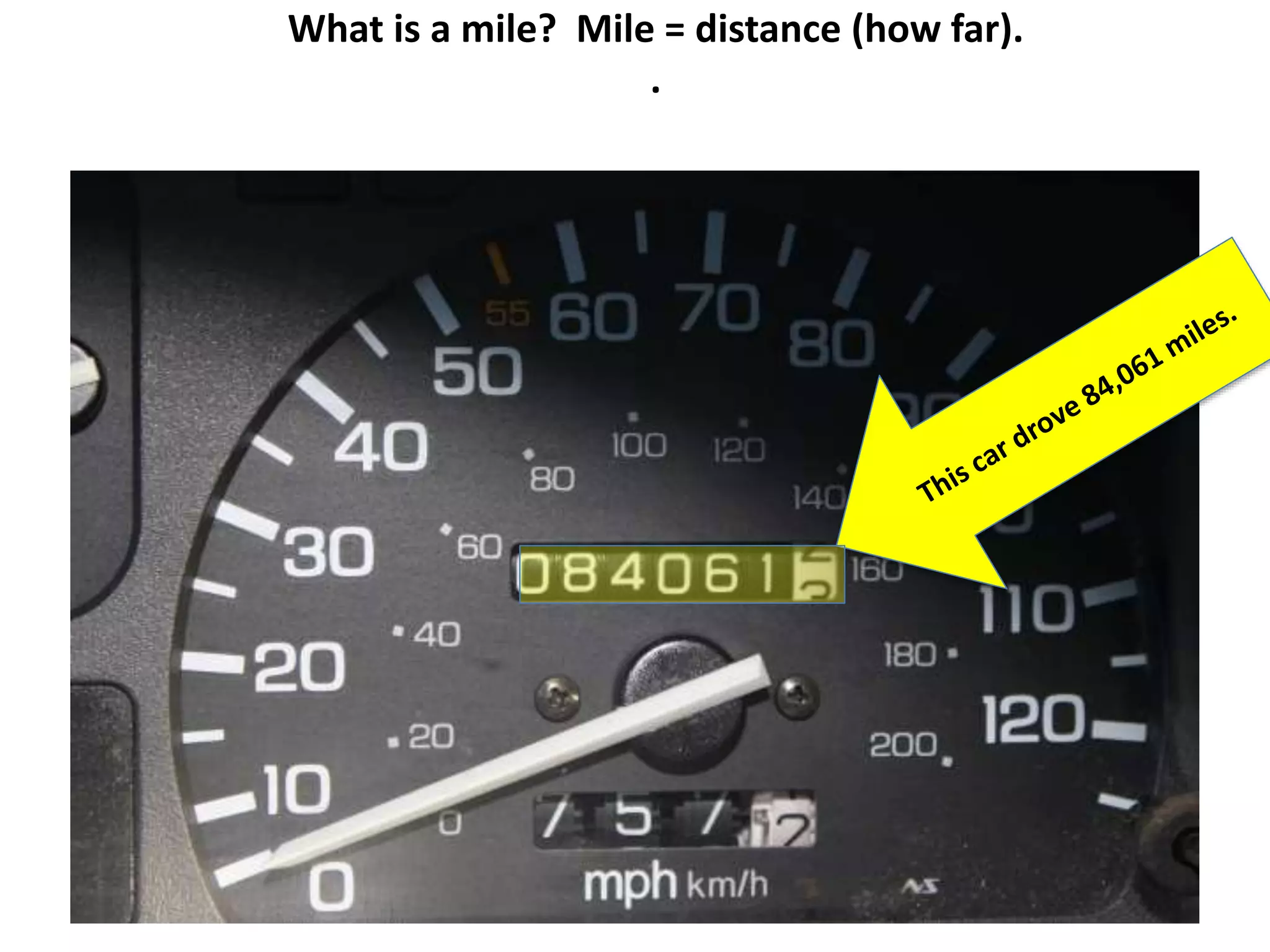 What is a mile? Mile = distance (how far).
.
