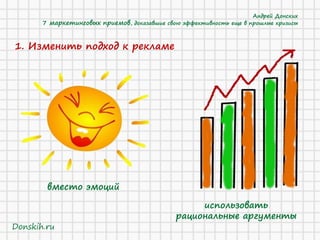 1. Изменить подход к рекламе 
вместо эмоций 
использовать 
рациональные аргументы 
Андрей Донских 7 маркетинговых приемов, доказавшие свою эффективность еще в прошлые кризисы 
Donskih.ru  