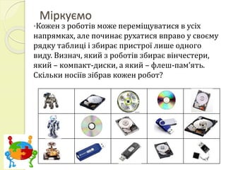 Міркуємо 
•Кожен з роботів може переміщуватися в усіх 
напрямках, але починає рухатися вправо у своєму 
рядку таблиці і збирає пристрої лише одного 
виду. Визнач, який з роботів збирає вінчестери, 
який – компакт-диски, а який – флеш-пам’ять. 
Скільки носіїв зібрав кожен робот? 
 