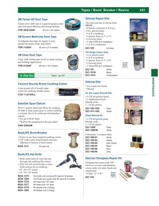 431
MAINTENANCE
Tapes / Bond Breaker / Resins
Cancord Bounty Brand Caulking Cotton
A one pound roll of loosely spun
cotton for caulking smaller seams.
CCD 1-LB ROLL
Swedish Spun Oakum
of wide or deep seams prior to cotton caulking
or sealant. Not to be confused with plumbers
oakum.
Put up in 40 lb. bales
*Sold by the pound (min.8 lbs per order)
OAK OAKUM
BoatLIFE Hot Knife
Deck seam removal tool that cuts
through old caulking like cheese
This 110 volt tool provides a clean
fresh surface for re-caulking.
#3 - for 1/8" seams
#4 - for 1/4" seams
BOA 1275 Hot knife unit comes/w #3 head & 12 blades
BOA 1284 Hot Knife unit comes with #4 head & 12 blades
BOA 1276 #3 head only 1/8" wide
BOA 1277 #4 head only 1/4" wide
BOA 1279 #3 blades only (12/pkg)
BOA 1280 #4 blades only (12/pkg)
BoatLIFE Bond Breaker
Easier to use than standard caulking cotton
1/8" wide cotton bond breaker prevents
adhesion to bottom of deck seams
BOA 1211 50 yard roll
Gelcoat Kits
Waxed
Air Dry Liquid Gelcoat Kits
1 x 250 ml gelcote liquid
1 x Application brush
Mixing sticks
1 - 14 ml catalyst
GCI 100-1AD Clear
GCI 101-1AD White
Paste Gelcoat Kit
1 x 250 ml gelcote paste
Mixing sticks
1 - 14 ml catalyst
GCI 100P Clear
GCI 100PW White
Colourants: 1 oz paste tubes
GCI 109-01 White
GCI 109-02 Yellow
GCI 109-04 Dark Green
GCI 109-05 Black
GCI 109-06 Red
GCI 109-09 Grey
3M Clear Duct Tape
Clear cloth sealing tape excels in many sealing
and bonding applications.
THR 2120AF 48 mm x 18.2 meters
3M Scotch Multi-Use Duct Tape
A midgrade duct tape for repairs in and
around the house, shop, and jobsite.
THR 1130AF 48 mm x 27.5 meters
3M Tartan HD Duct Tape
Tartan silver cloth tape ia a general purpose duct
tape with good adhesion and strong backing.
THR 3939-2X60 48 mm x 55 meters
Tapes pg 187
Gelcote Repair Kits
Two Gel-coat kits to choose from:
100 Kit
2oz. gelcote paste
2 mixing sticks
1 sheet 600 grit sandpaper
GCI 100 6-Colour
101 Single Colour Only
2 oz gelcote paste
2 mixing sticks
1 sheet 600 grit sandpaper
GCI 101 White
GCI 101B Black
GCI 101C Champagne
Limited
Quantity
Shipping
D.G.
Gelcote Fibreglass Repair Kit
Fibreglass kit comes with 250
ml (8 oz) of resin with hardener,
woven cloth, stir stick, brush and
instructions.
Cloth: 12" x 36"
GCI 102
Limited
Quantity
Shipping
D.G.
 