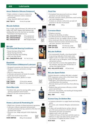 438
MAINTENANCE
McLube
One Drop Ball Bearing Conditioner
Keeps bearings rolling freely
Keeps bearings dirt-free
Prevents bearings from skidding
Only one drop needed
MCL ONEDROP.5FLOZ 14.7 ml (1/2 oz)
McLube HullKote
Environmentally-friendly, citrus-based polish
Applies easily over other waxes and polishes
and painted surfaces
Lasts more than a season when applied above
the waterline, and more than 20 hard days of
sailing when applied below
MCL HULLKOTE16OZ 473 ml (16 oz)
Ancor Dielectric Silicone Compound
Fights oxidation to improve conductivity
Penetrates aluminum oxide to maintain
current paths
ANC 700115 10 ml (1/3 oz) tube
McLube Speed Polish
Antifoul alternative combines McLube's a bonded
PTFE suspension system with a citrus-based, long-
lasting and high-gloss polish.
High-gloss, citrus-based foul-release polish for
everything below the waterline
Prevents marine growth and slime from adhering
for weeks
power and sail boats
Non-toxic, non-metallic, non-leaching & biodegradable
Environmentally friendly
MCL 7881 16 oz
Davis Max-Lube
Synthetic lube, great for steering cables, gears,
sporting equipment and all metals
Superior rust and corrosion protection
DIN 422 3 oz
Lubricants
Ecomar Easy On Bottom Wax
A nontoxic alternative to copper based anti-fouling
paints
boats
A clear, soft movable barrier surface, that can
give full season protection in fresh water and
intermittent salt water environments
Applies easily with a soft cloth
1 bottle will treat a 24 foot boat and both outdrives
Effective in algae and zebra marine growth areas
The thinner it is applied the better it works
ECO 5425 450 ml
McLube Sailkote
Easy to apply, high performance dry lubricant that
makes sails, hulls, rigging, deck hardware and
anything that moves on your boat run smoother.
Formulated with Dupont Krytox
MCL SAILKOTE11OZ 312 g aerosol can
MCL SAILKOTE6OZ 113 g aerosol can
MCL SAILKOTE-QT 946 ml wipe on liquid Limited
Quantity
Shipping
D.G.
Boeshield
T-9 Corrosion & Waterproof Lubricant
Displaces moisture and attacks existing
corrosion
Lubricates and protects all metals for months
It will also loosen rusted parts
Will not harm paints, plastics or vinyls
No CFCs
CMP T90004 113 ml (4 oz), aerosol
CMP T90012 354 ml (12 oz), aerosol
Limited
Quantity
Shipping
D.G.
Howes Lubricant & Penetrating Oil
Lubricates without evaporation and penetrates
not attract dirt or dust
Dissolves rust, sludge and gunk while displacing
water
Safe to use on almost any surface
HOW HMP056 340 g (12 oz) aerosol
Limited
Quantity
Shipping
D.G.
Fluid Film
petroleum oils and selected agents
Provides corrosion control, penetration, metal wetting
and water displacement
Contains no solvents, will not dry out and will
penetrate to the base of all metals
CMP 3300 333 g
Limited
Quantity
Shipping
D.G.
Corrosion Block
Displaces moisture
Excellent penetrant, lubricant and dielectric
Frees metal parts that are frozen by corrosion
Protects electrical systems and electronics from
salt water, moisture, and corrosion
CMP CB-4OZ 113 ml (4 oz), pump
CMP CB-12OZ 354 ml (12 oz), aerosol
Limited
Quantity
Shipping
D.G.
 