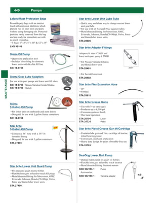440
MAINTENANCE
Pumps
Star brite Flex Extension Hose
18"
4500psi
STA 28810
Star brite Lower Unit Quart Pump
Fits standard quart plastic bottles
Evinrude, Johnson, Honda (70-90hp), Volvo,
STA 27400
Star brite Lower Unit Lube Tube
Quick, easy and clean way to change marine lower
unit gear lube
For use with all 8 oz and 10 oz squeeze tubes
Evinrude, Johnson, Honda (70-90hp), Volvo, Force
STA 28600
Star brite Adaptor Fittings
lower unit quart pump # 27400
For Nissan/Yamaha/Tohatsu
and Honda lower unit
STA 28401
For Suzuki lower unit
STA 28402
28401
Sea-Dog Lower Unit Pump
Flexible hose gets to hard to reach locations
SED 502155-1 Pump
Accessories:
SED 502159-1 Yamaha adapter
Sierra Gear Lube Adaptors
SIE 18-9794 Nissan-Yamaha-Honda-Tohatsu
SIE 18-9795 Suzuki
Sierra Oil Pump
Quart size application tool
SIE 18-9781
Sierra
5 Gallon Oil Pump
For lower units on outboards and stern drives
Designed for use with 5 gallon Sierra containers
SIE 18-9788
Star brite Grease Guns
Use with 14 oz cartridges
Produces up to 6,000 psi
One hand operation
STA 28704 Lever
STA 28724 Pistol
Star brite Pistol Grease Gun W/Cartridge
Contains lube gun and 3 oz. cartridge of marine
wheel bearing grease
Convenient, one hand application
Heavy duty design for years of trouble-free use
STA 28703
Star brite
5 Gallon Oil Pump
Contains a 96” hose with a 3/8”-16
Designed for use with 5 gallon containers
STA 27405
Leland Rust Protection Bags
Reusable poly bags with an interior
lined with corrosion inhibitors which
prevent rust on steel tools and parts
without using damaging oils. Protected
parts are easily removed from the bag
and are ready for immediate use with
no smell or residue.
3 Bags: 6" x 8", 8" x 10" & 12" x 18"
LND 90100
 